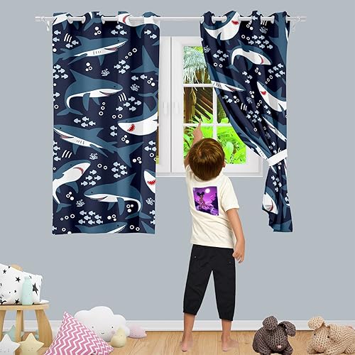 Miniatura 10 de Cortinas opacas de dinosaurio, 2 paneles de 63 pulgadas, cortinas para niños, cortinas para dormitorio, con bonito diseño de dinosaurio, con ojales