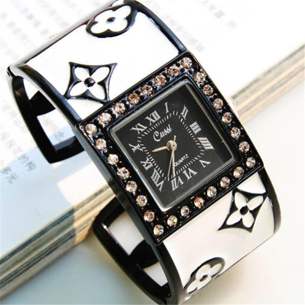 ASHIA New Fashion White Square Engraved Rhinestone Roman Numerals Bracelet Watches Cuff Watches for Girls Ladies (With Gift Box)