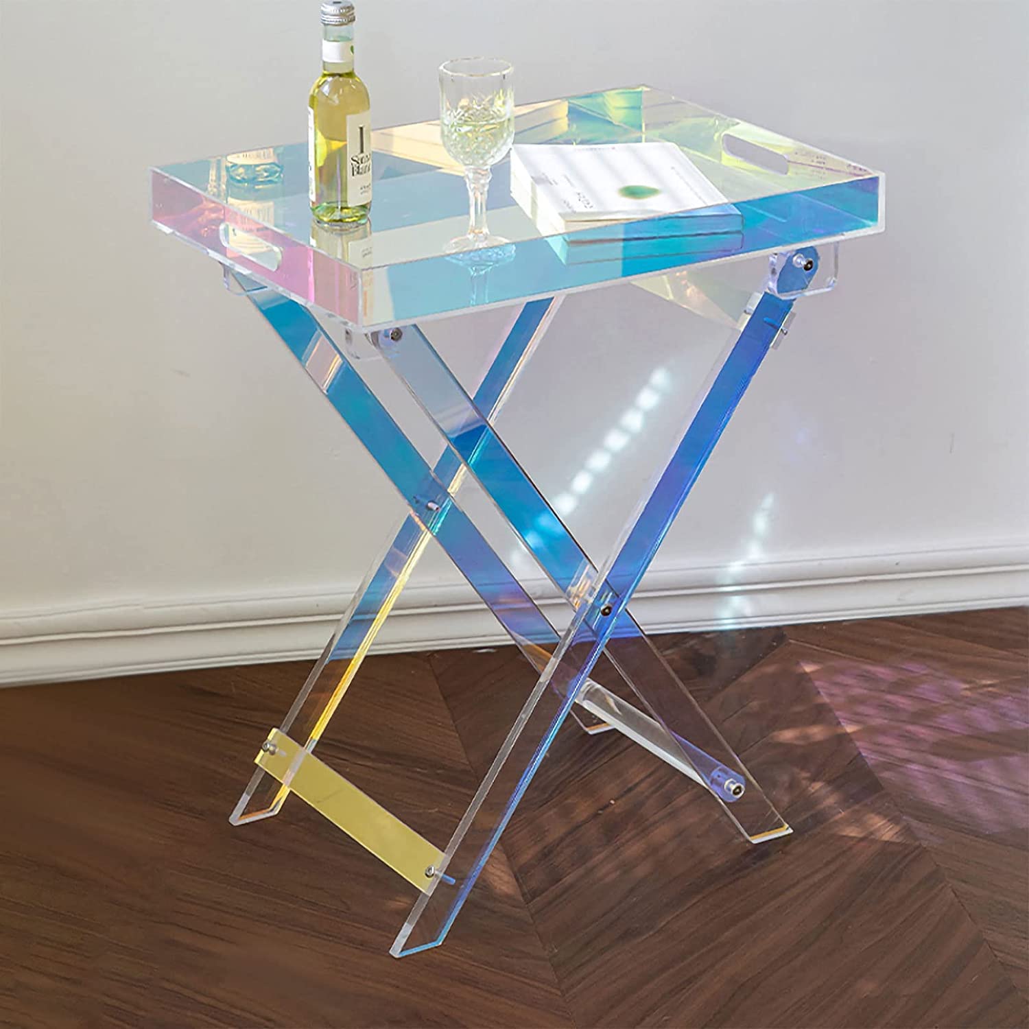 Photo 1 of Acrylic Round Clear Iridescent Side Table Rainbow Acrylic Coffee Table Rainbow Colors End Tables Modern Accent Night Stand Iridescent Table for Bistro Office (Folding Style, 24 x 20 x 14 Inch)
