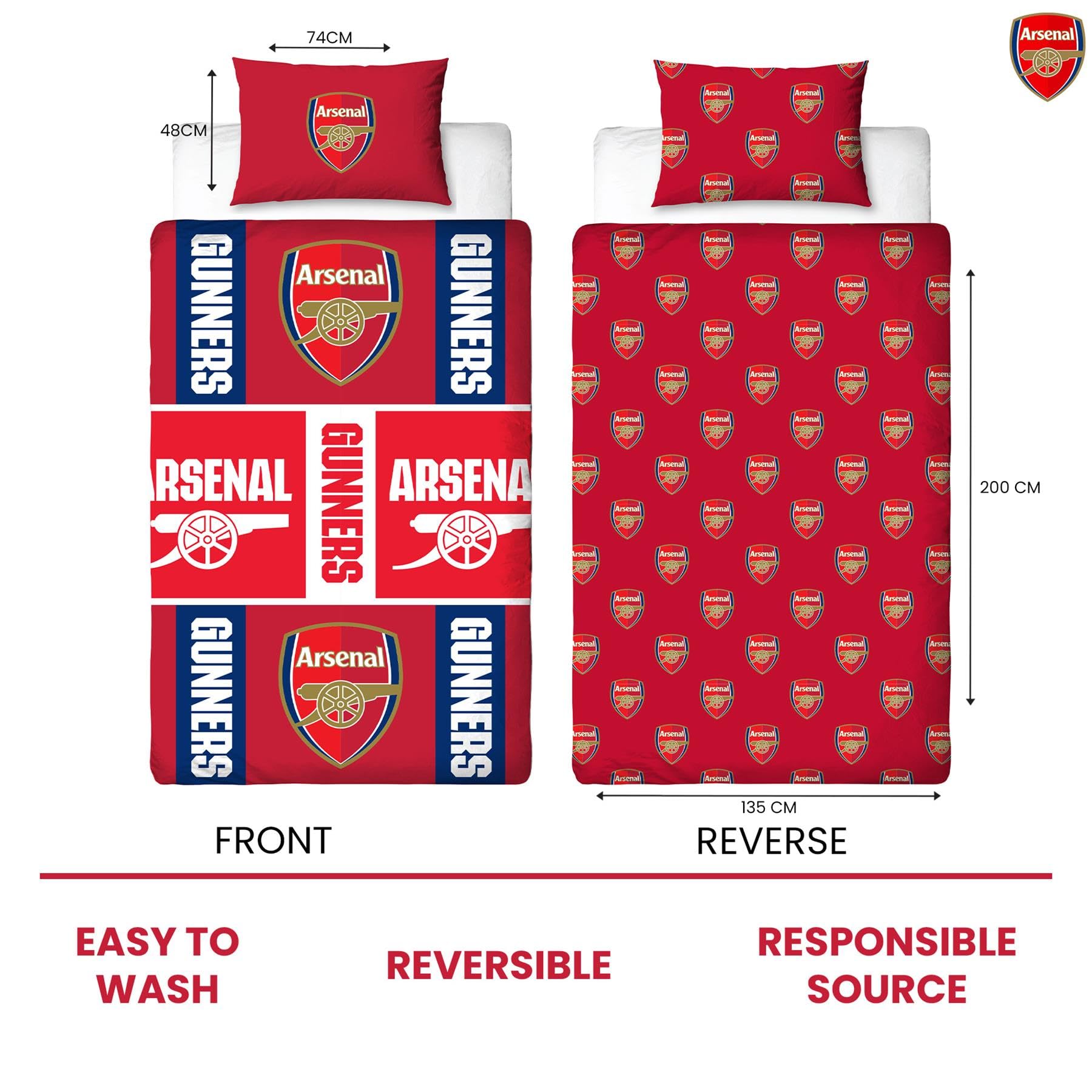 Character World Arsenal FC Parure de lit avec housse de couette – Literie réversible officielle – Design officiel avec emblème du logo des Gunners – Pour lit simple