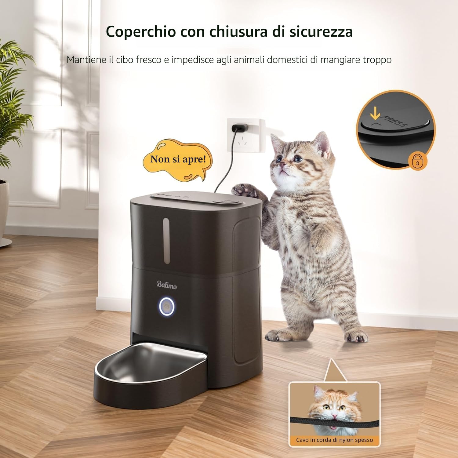 Balimo Distributore Automatico Cibo Gatti, 2.4G WiFi Dispenser Crocchette Gatto, 3L Distributore Automatico Cibo Cani, 10 Pasti al Giorno, Ciotola in Acciaio Inossidabile 304, Adatto Per Cani e Gatti