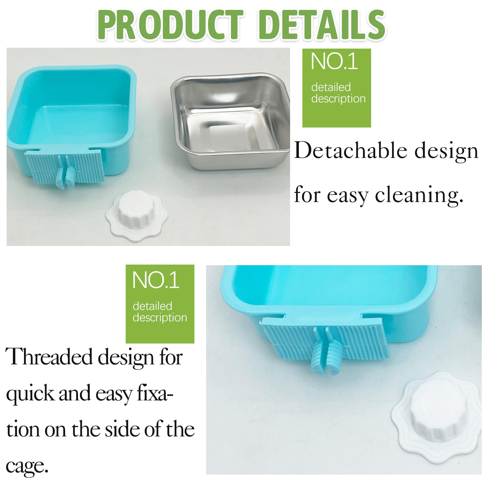 kathson Crate Dog Bowl, Removable Stainless Steel Hanging Pet Kennel Cage Bowl Food & Water Feeder Coop Cup for Puppy, Cat, Rabbit, Guinea Pigs 2pcs Small Square(Blue, Green) - image 3