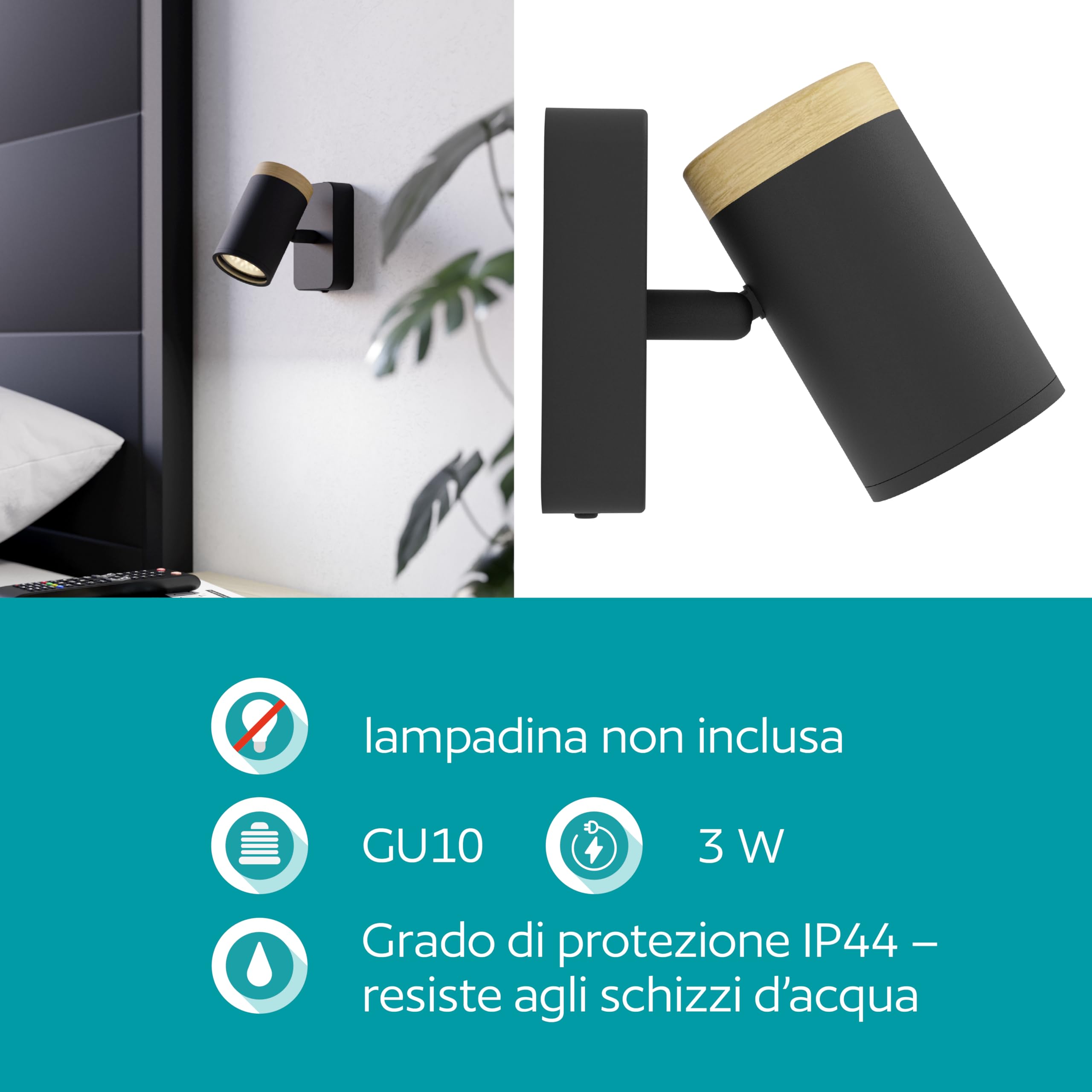 Eglo Consuma - Lampada da parete, lettura in acciaio flessibile, per soggiorno e bagno, faretto legno di colore nero, attacco GU10, IP44