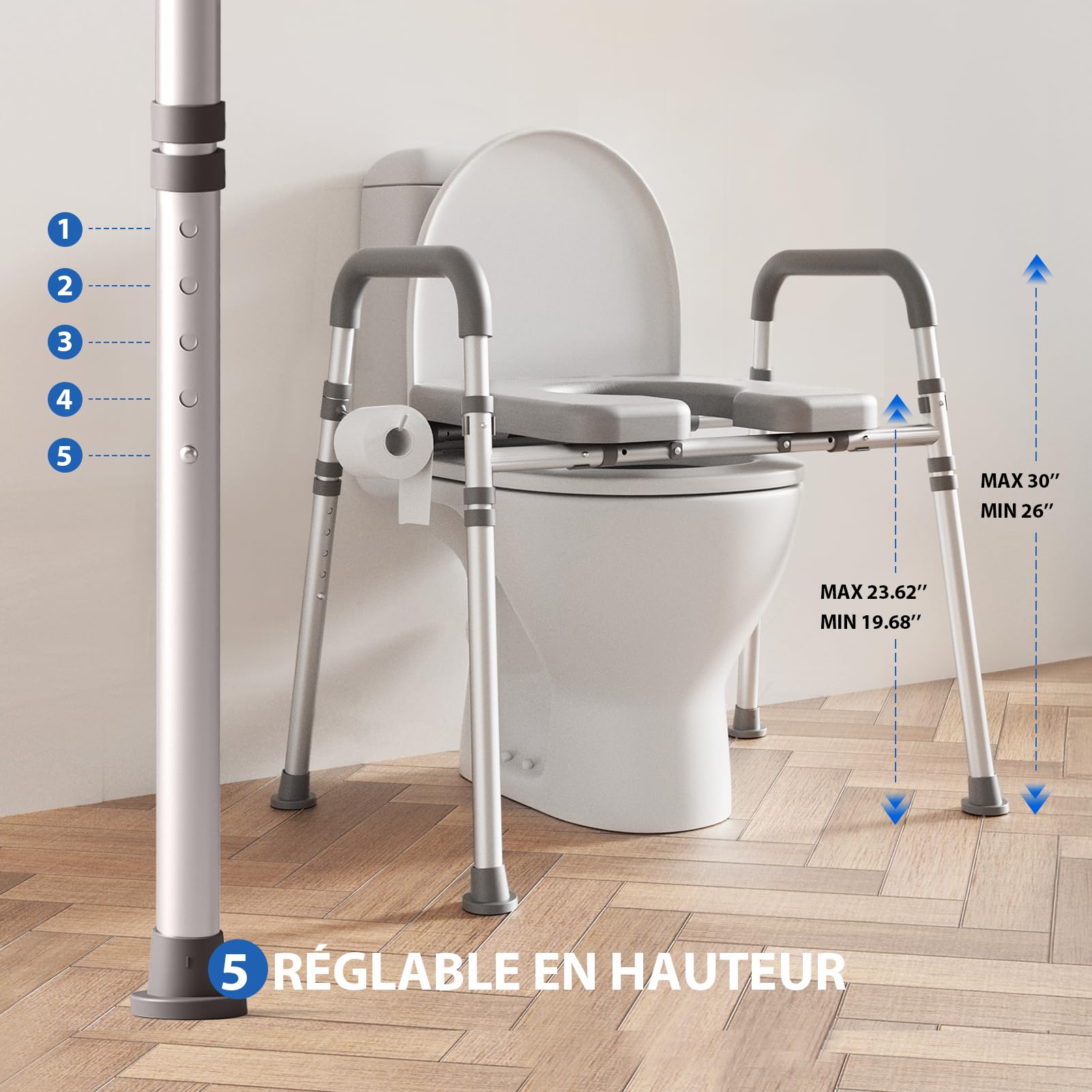Loyoda Toilettensitzerhöhung mit Armlehnen, WC-Sitzerhöhung, Grau | Höhen- & breitenverstellbare Toilettenhilfe mit Aufstehhilfe für Senioren, Erwachsene & Schwangere, passend für gängige WCs
