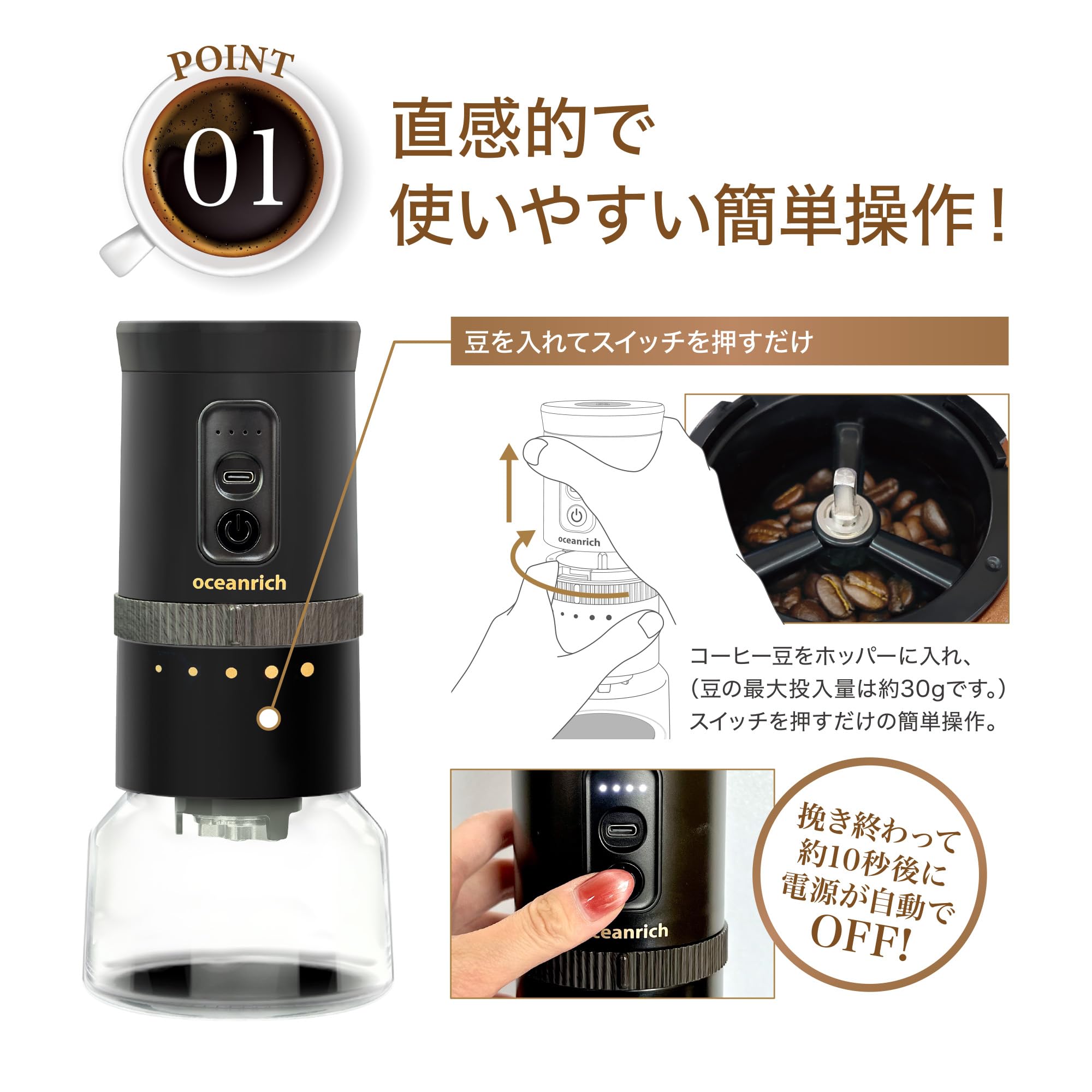 oceanrich 自動コーヒーミル G3 2025年モデル 臼式 電動 USB-TypeC充電式