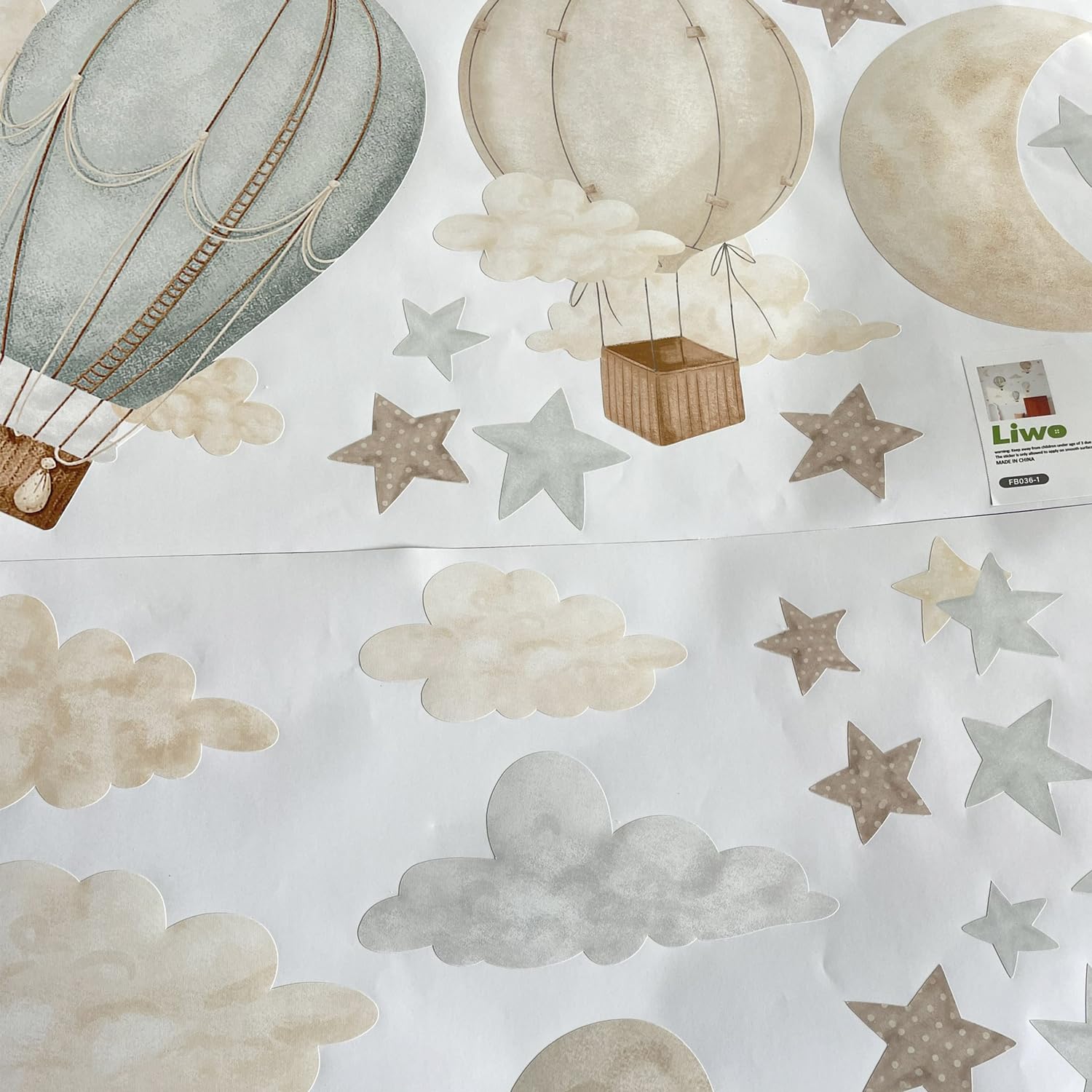 Calcomanía de pared de tela con diseño de globo aerostático de acuarela, estrellas y nubes, calcomanías para bebé, guardería, habitación de niños, decoración de sala de juegos