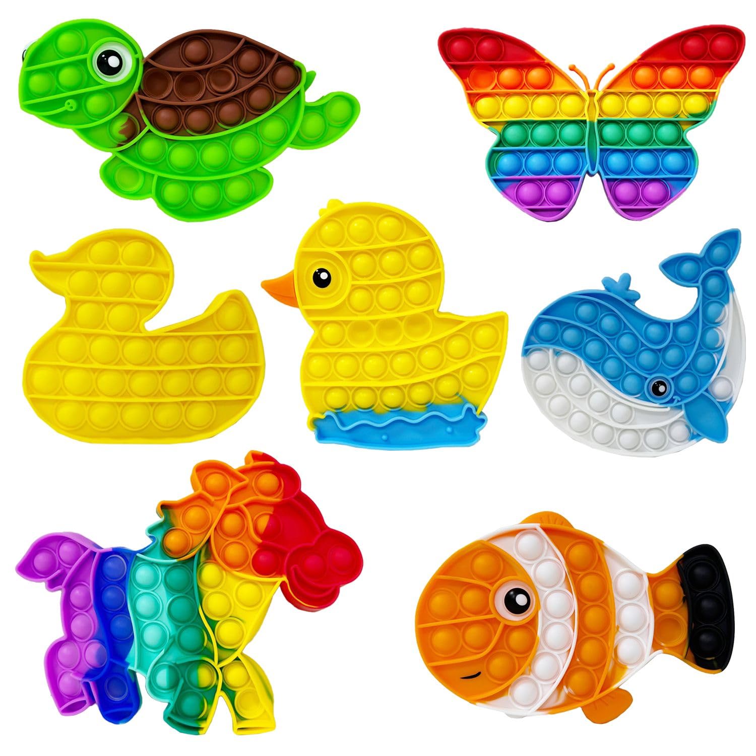 Home Smart Assorted Poppers Push Bubble Animals Sensory Toys for Kids and Adults Silicone Anxiety Stress Relief Pop It Birthday Party Favors Gifts (Pack of 7)