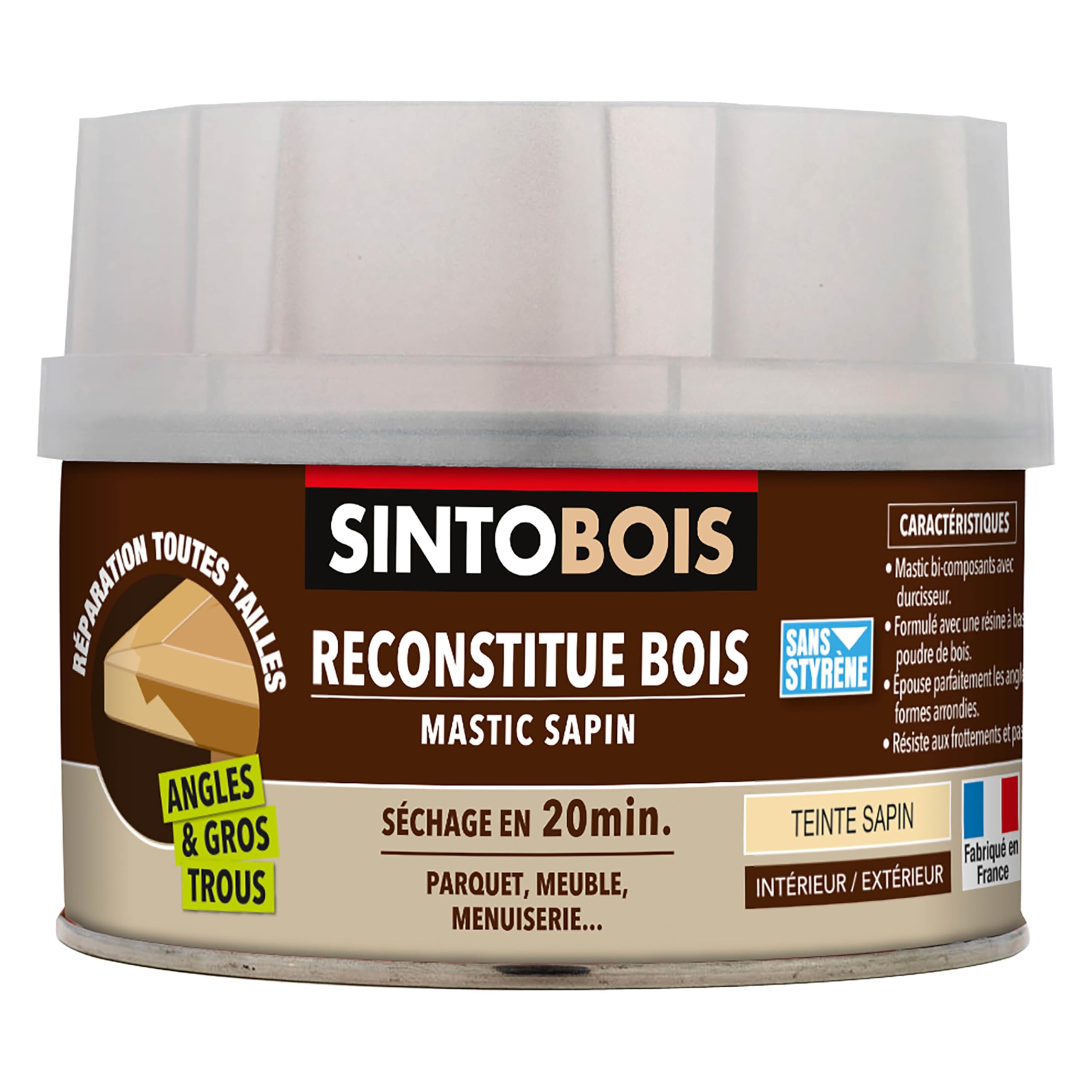 SINTO - Pâte à Bois - Angles et Gros Trous - Reconstitue les Parties Manquantes - Intérieur Extérieur - Haute Résistance & Adhérence - Sec en 20min - Sapin - Technique Professionnelle - 190g