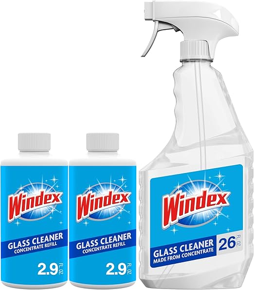 Windex Glass Cleaner Concentrate Starter Pack, Re-usable Trigger Bottle and Two 2.9 Ounce Refills