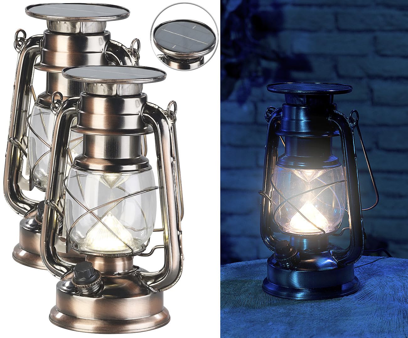 Lunartec Windlicht: 2er-Set helle Solar-LED-Sturmlampe, 200 lm, 3 W, warmweiß, Bronze (Sturmlaterne LED Solar, dimmbare Sturmlampe, Panel)
