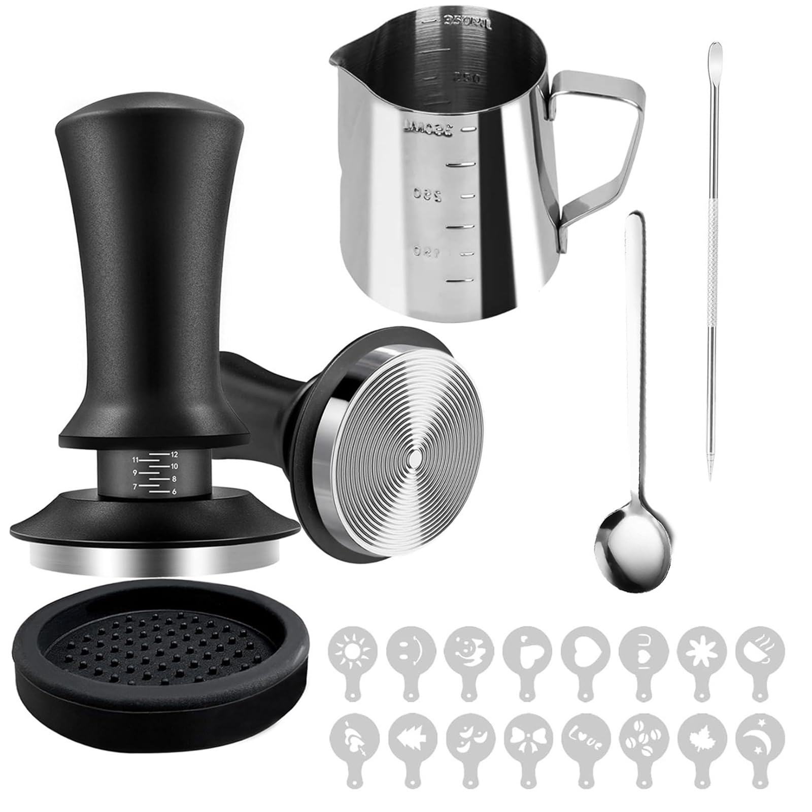 Ruiqas 51mm Coffee Tamper Set 22 PCS Espresso Accessories Kit with Spring Loaded Calibrated Tamper,WDT Tool, Mat, Stirrer, Latte Art Pen, Milk Frothing Pitcher and Stencils