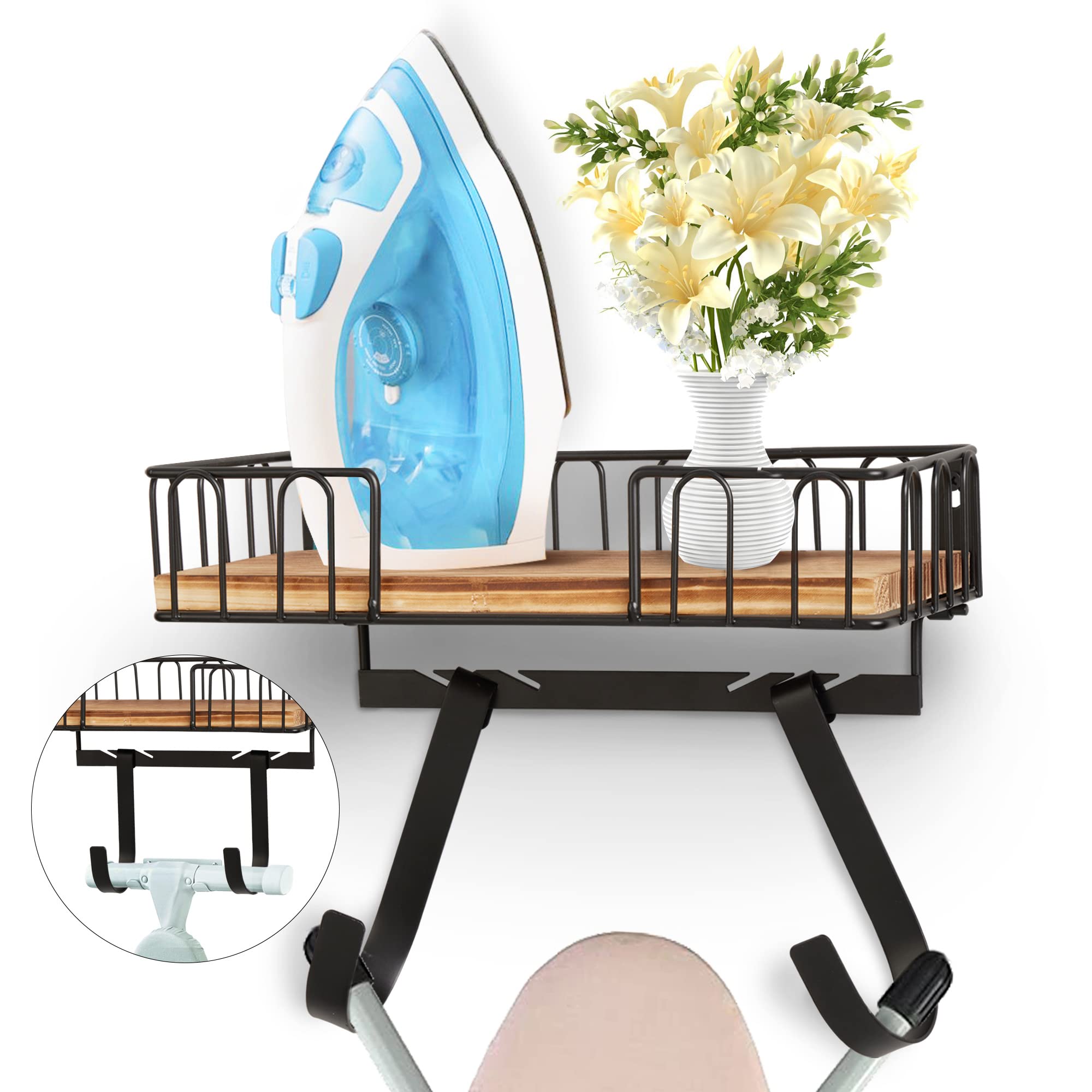 DB Ironing Board Hanger Wall Mount, Ironing Iron Board Wall Mount with Shelf, Metal Iron Holder Wall Mount with Large Storage Wooden Base Basket, Removable Hooks, Iron Board Hanger for Laundry Room