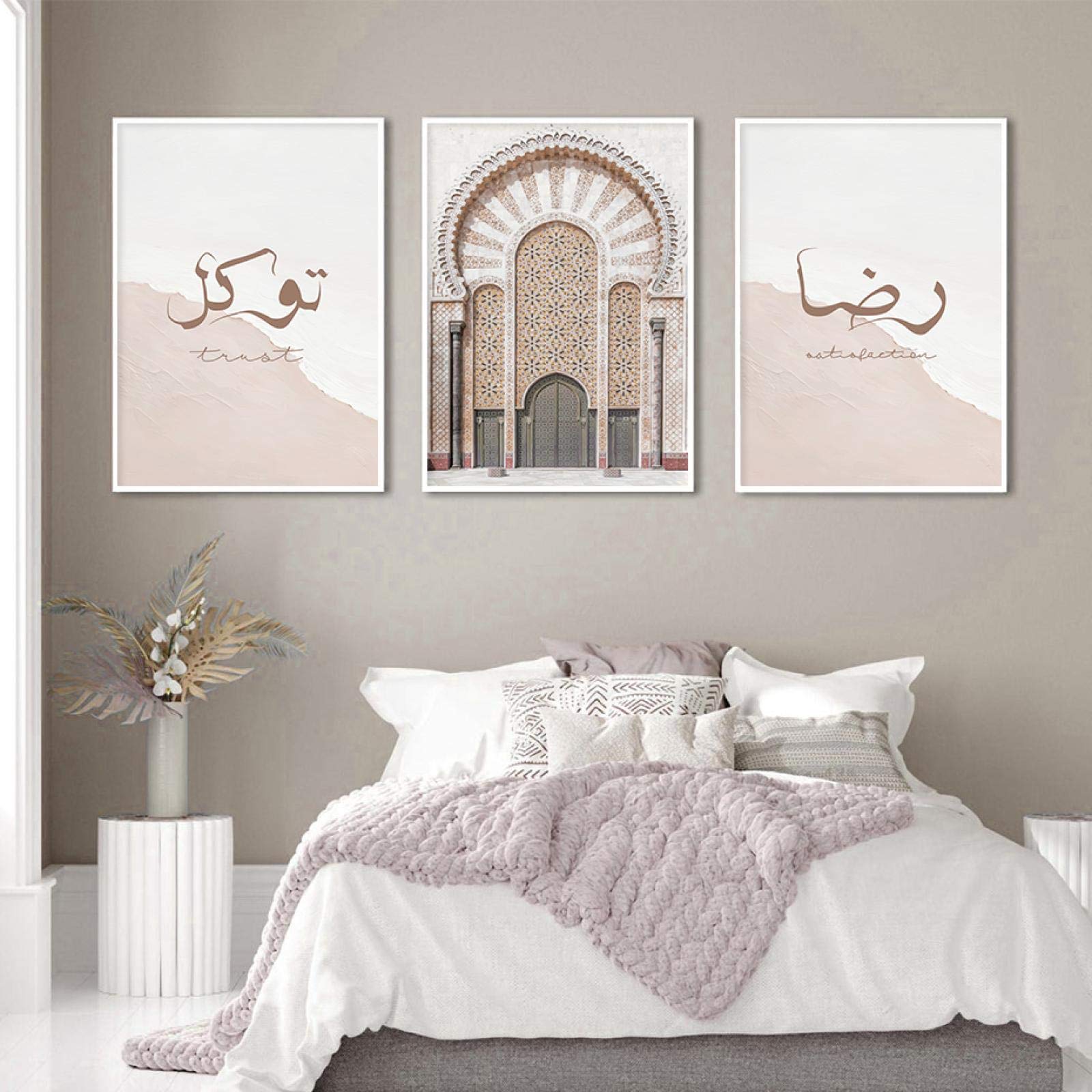 Sdvib Frameless Islamic Calligraphy Pink And White Moroccan Door Poster Canvas Painting Wall Art Print Pictures Living Room Home Decor 40X50cm-3Pieces