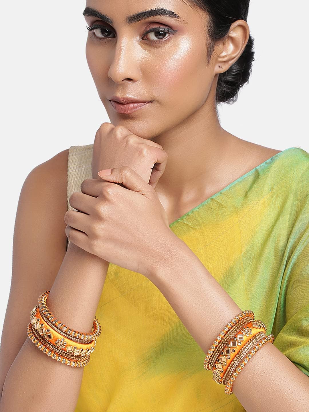 Aheli Ethnic Handmade Silk Thread Faux Stone Studded Bangle Set Chuda Indian Wedding Wear Fashion Jewelry Gift for Women Orange 2.8 Inch