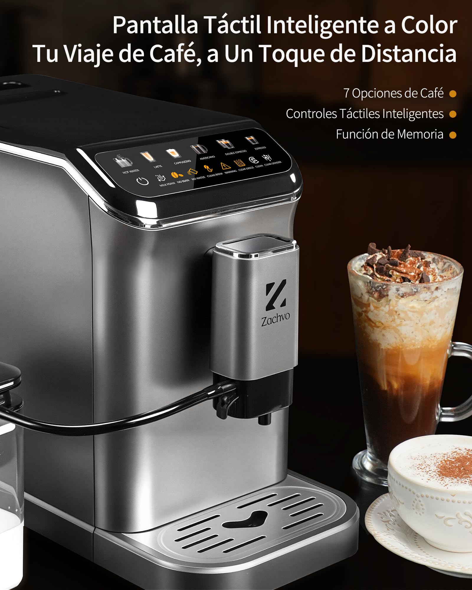 Cafetera Superautomática con Sistema de Leche–20 Bares, 7 Bebidas, 15 Niveles de Molido, Depósito de Agua de 1,5L, Doble Caldera, Control PID, Limpieza Automática,Pantalla Táctil，Café con Leche