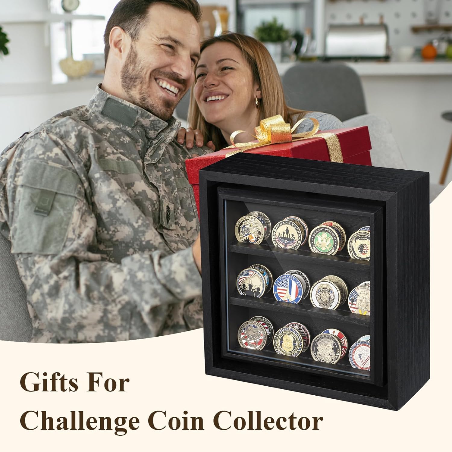 Emfogo Double-Sided Rotating Challenge Coin Display, Wooden Military Coin Holder Holds 33 Coins for Desktop, 6-Row Display Stand for Honoring Veterans & Collectors (Black)