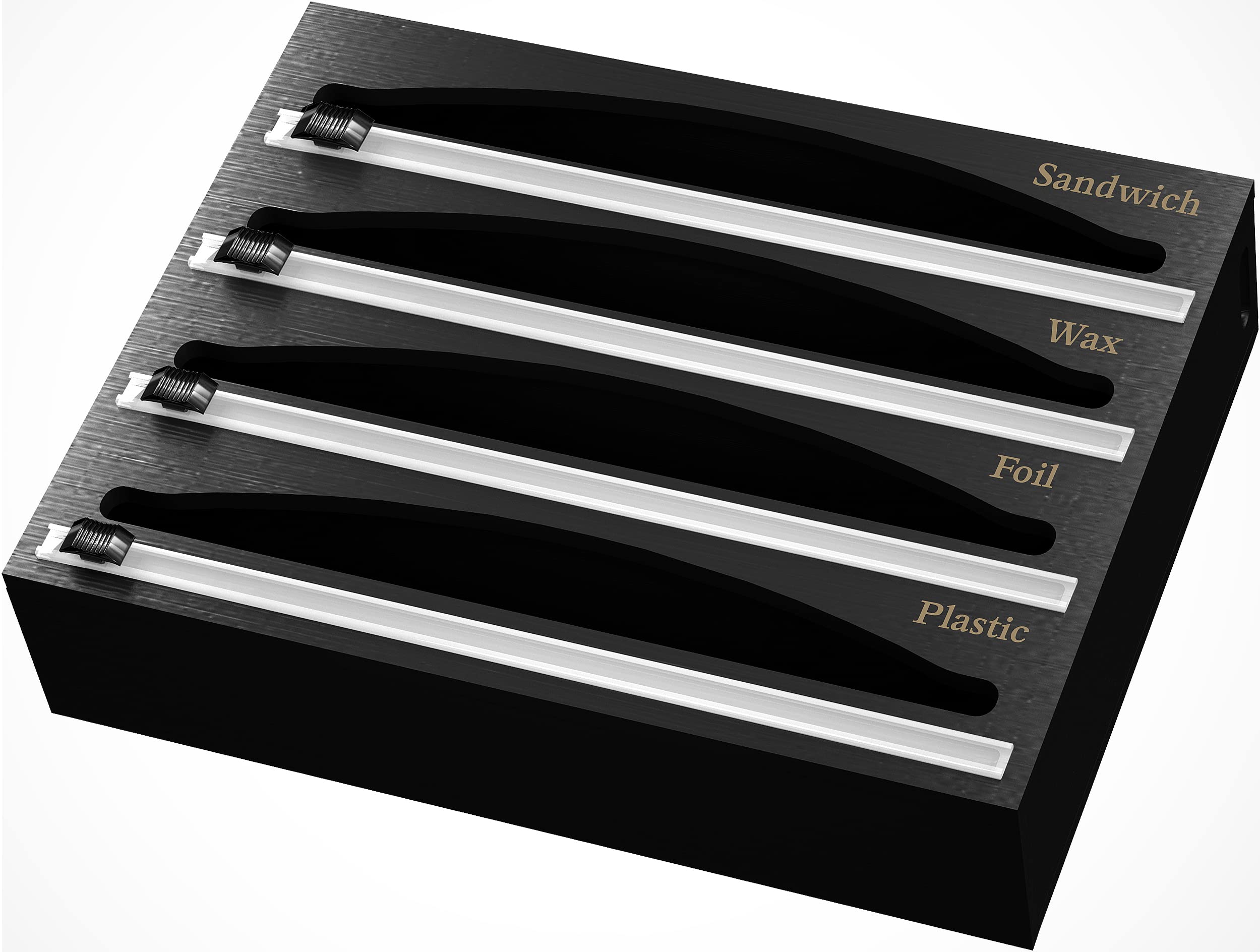 Utopia Kitchen 4 in 1 Plastic Wrap Dispenser with Cutter, Aluminum Foil and Plastic Wrap Organizer with Cutter, Bamboo Dispenser for Kitchen Organization and Storage - Fits 12 Inch Rolls - Black