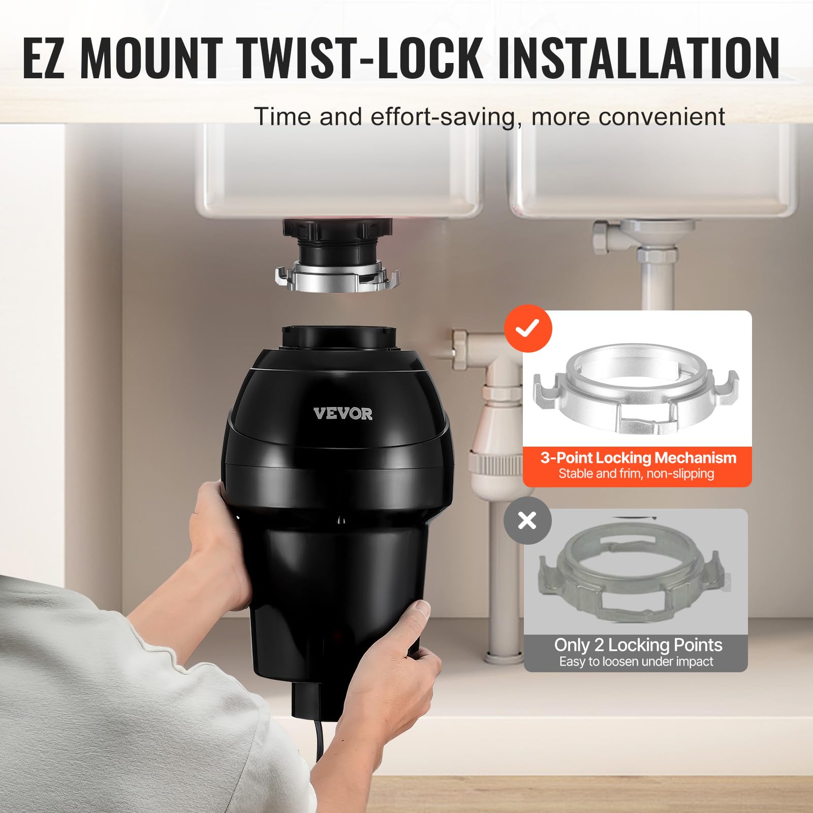 VEVOR Tritarifiuti per Lavello da Cucina, 0,74 kW, Sistema di Smaltimento Rifiuti Alimentari in Acciaio Inox, Motore CC, Supporto EZ, 3960 giri/min, con Cavo di Alimentazione, Paraspruzzi per la Casa