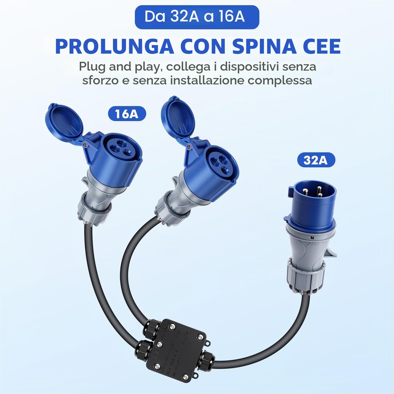 Adattatore CEE 32A a 16A ×2, 3 Pin Adattatore presa Industriale Lunghezza Totale 1,1m Protezione IP44, Adattatore ad alta corrente per Camper, Campeggio, Caravan, Barca, Cantiere, Uso Esterno