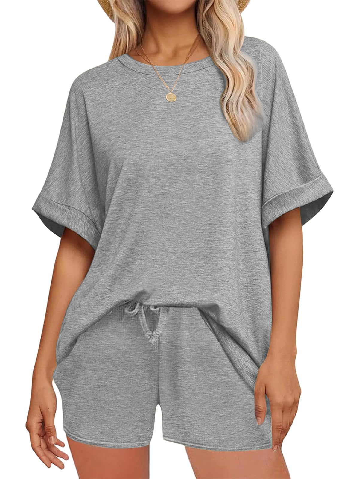 NLAND Mujer Conjunto Chándal 2 Piezas De Pantalones Verano Cortos Con Casual De Camiseta Bolsillos Y Cuello Redondo Top，Gris，L - 2