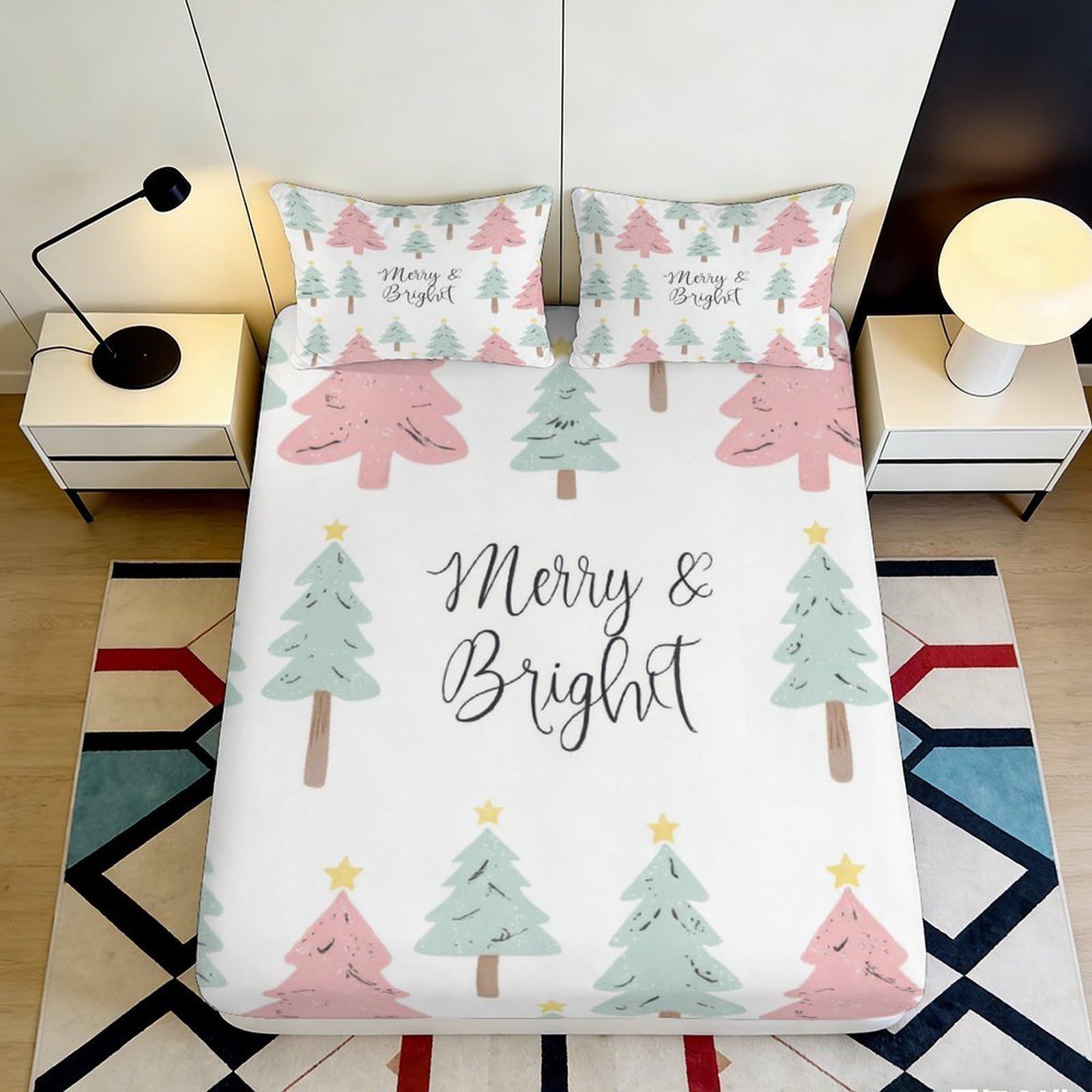 3D Printed Christmas Tree Fitted Sheet Microfiber Soft Breathable Merry & Bright Bed Cover for Bedroom Dormitory Guest Room Mattress Protection Decor 120x200x25cm
