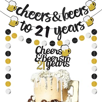 21st Birthday Decorations for Her Him Birthday BannerBlack Gold | Happy 21st Birthday Decoration, Cheers and Beers to 21 Years Birthday Cake Topper, Glittery Circle Dots Garland Party Supply