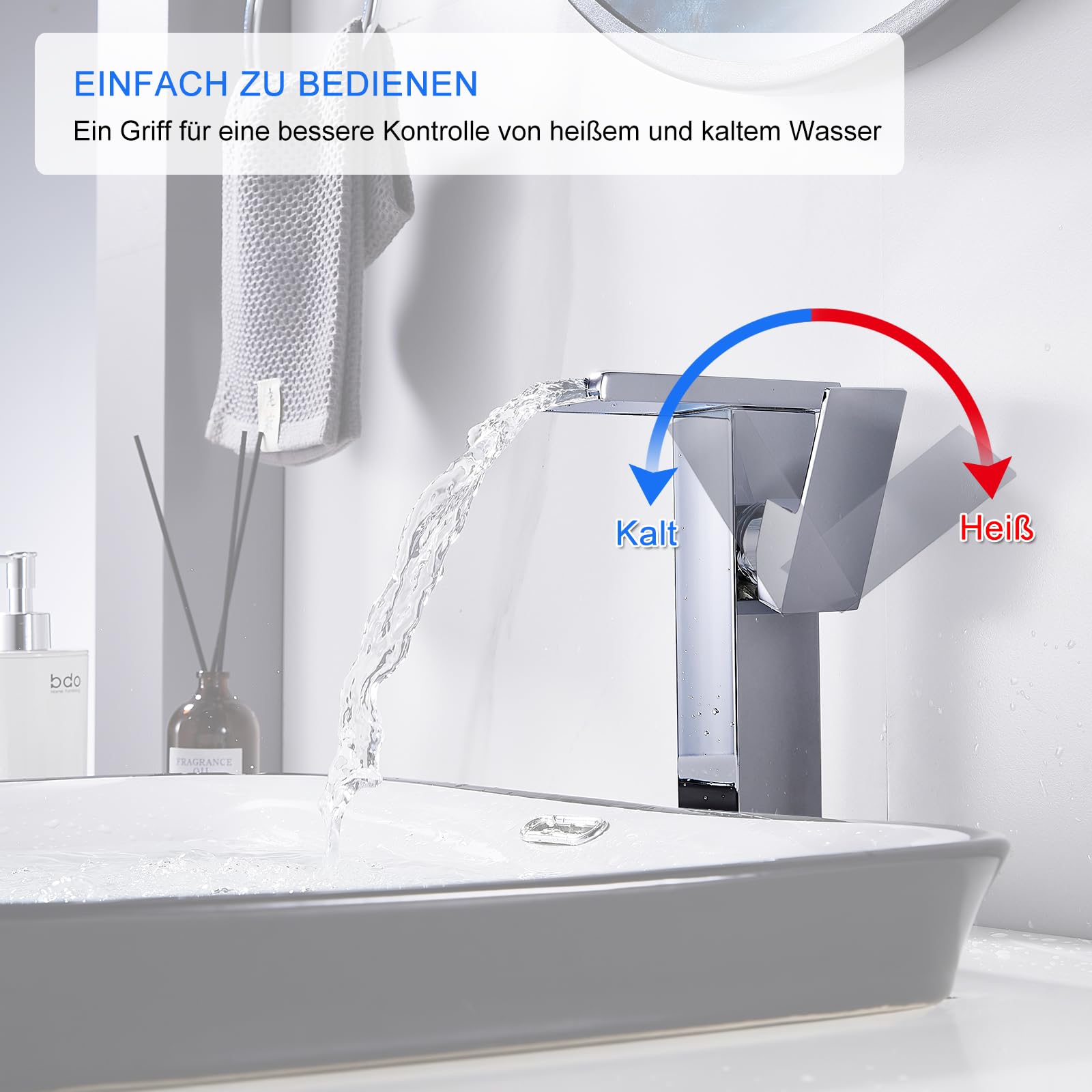 Wasserhahn Bad LED(keine Batterie erforderlich), KEOKBON Hoch Wasserfall Waschtischarmatur Armaturen mit Auslaufhöhe von 226 MM High, Einhebelmischer Mischbatterie für Waschbecken im Bad, Chrom