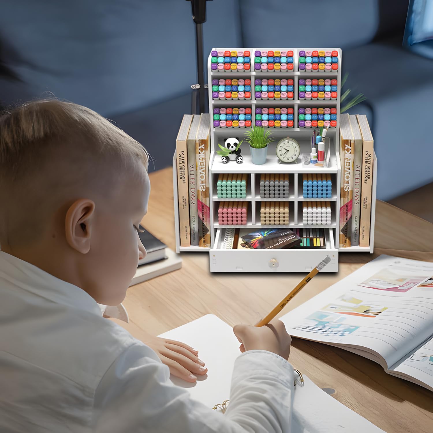 Organisateur de Bureau Multifonctionnel,Rangement bureau Plastique avec 15 Compartiments,1 Coulissants,2 Classeurs pour Maison École Bureau Porte Crayon