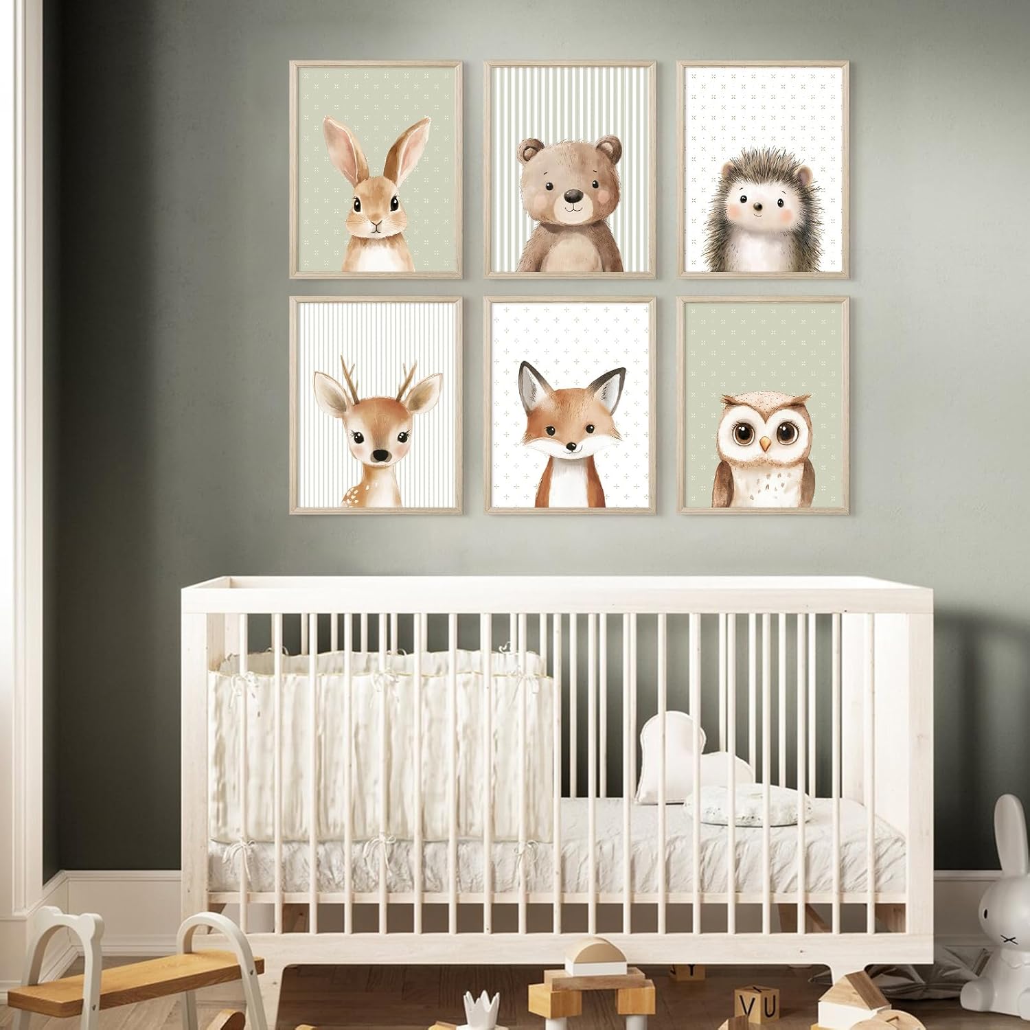 Woodland Animal Nursery Wall Art Decor Baby Kids Canvas Poster Safari Animal Wall Decor Jungle Forest Prints Bear Fox Deer Pictures Sage Green Painting Neutral Artwork for Bedroom 12x16x6 Inch Framed