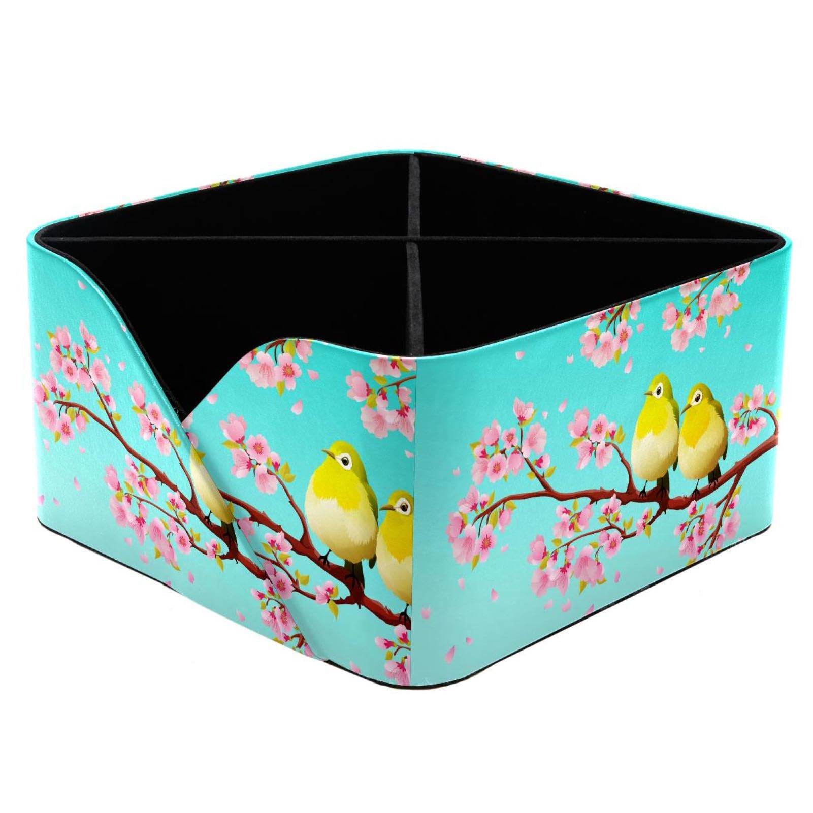KengjuTesu Japanese White-Eye Birds Cherry Blossom Desktop Organizer Pen Holder, Rectangular Pencil Cup for Office, Study and Makeup Stations