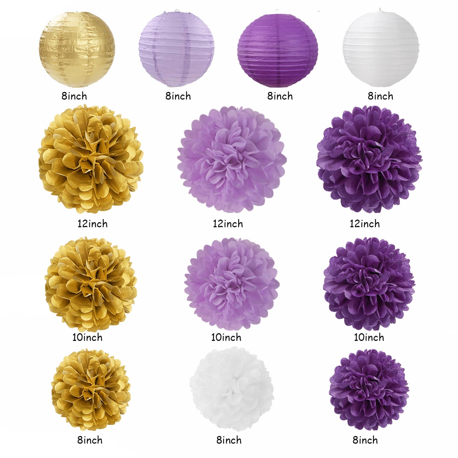 Fascola Party Decor Kit - 12 White Purple Gold Tissue Pom Poms & Paper Lanterns