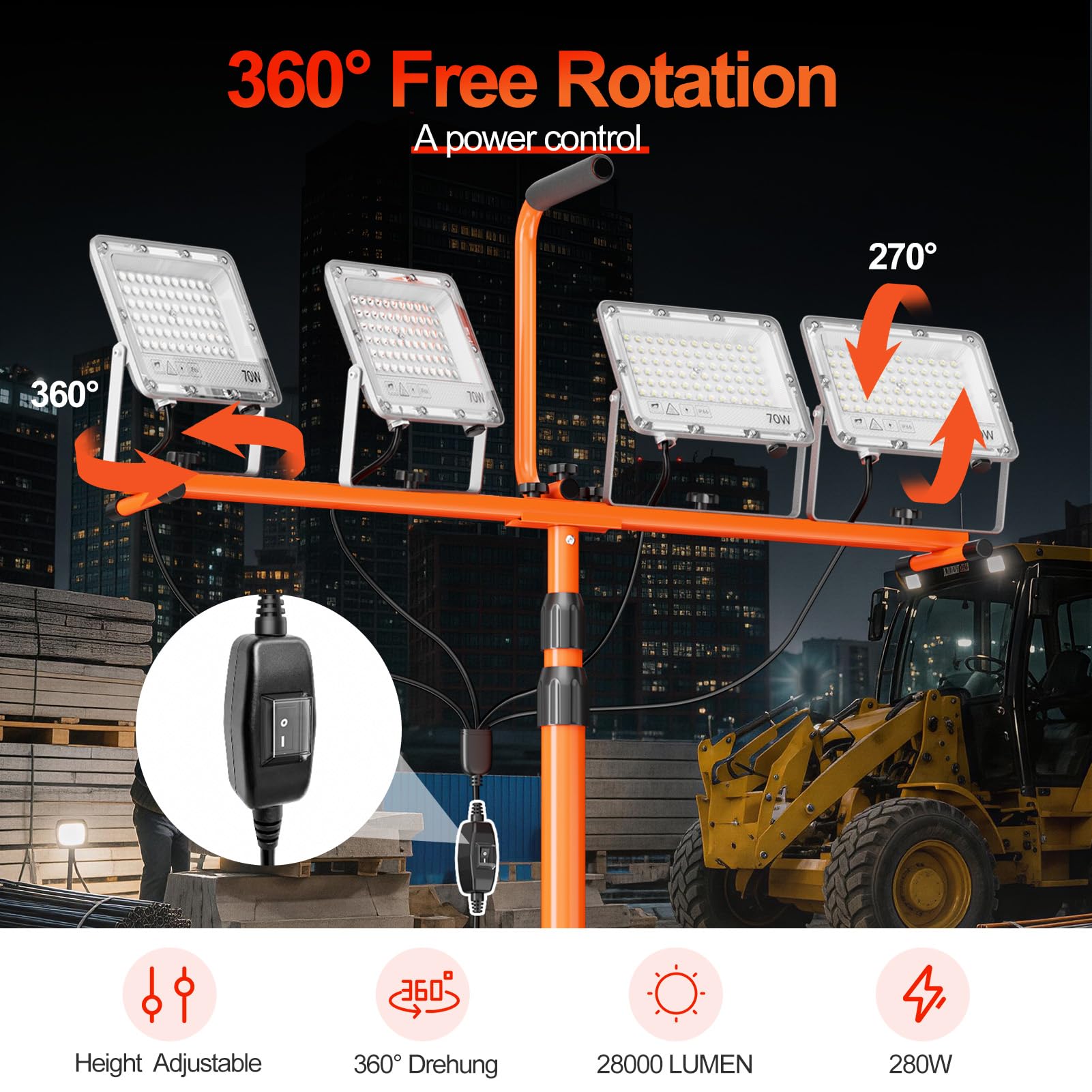 EMART 280W Foco de Trabajo LED con Ruedas 28 000lm Foco LED para Obras | Ajustable , lámparas de trabajo con cable de 5 m, resistente al agua (IP66). Proyector de obra con pie para talleres y obras