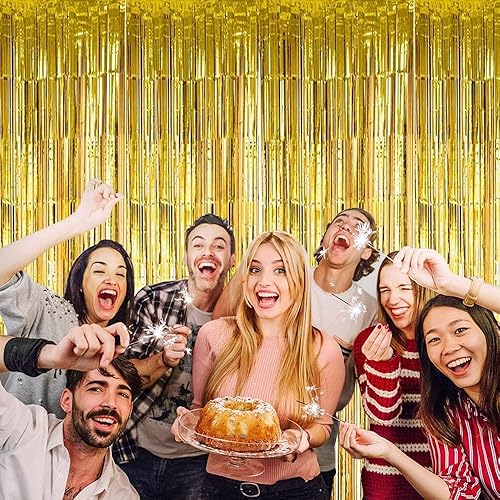 Miniatura 4 de 3 piezas de cortinas de flecos de oropel metálico dorado, 3.2 pies x 8 pies telón de fondo dorado para cabina de fotos, accesorios para cabina de