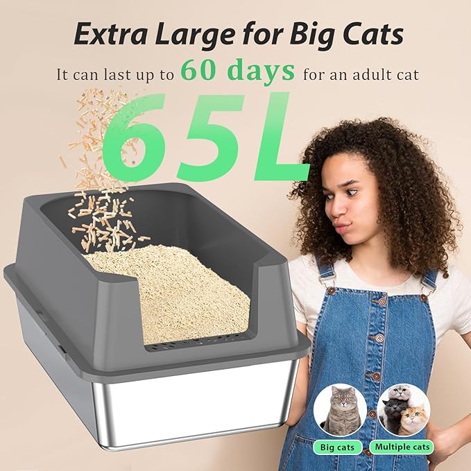 Arenero de acero inoxidable XXXXL para gatos con paredes altas miniatura 4
