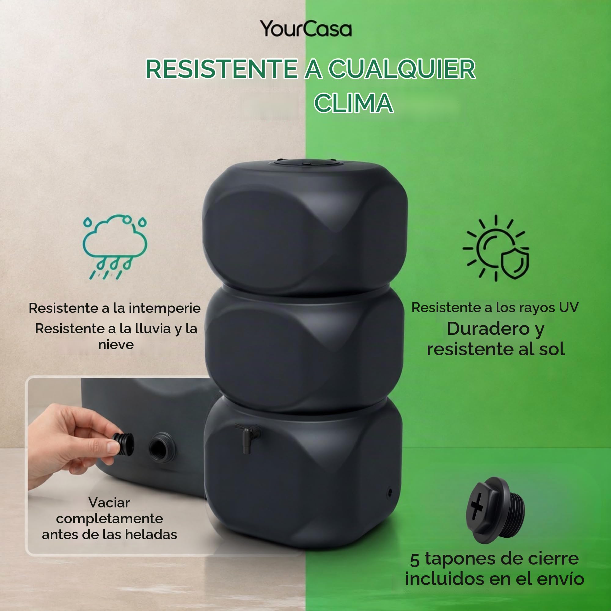 YourCasa Tanque de lluvia de 320 litros [Aquablock] incluye conector para bajante, grifo y tapa, barril de agua de forma cuadrada, a prueba de heladas, depósito de agua de lluvia, para jardín (gris)