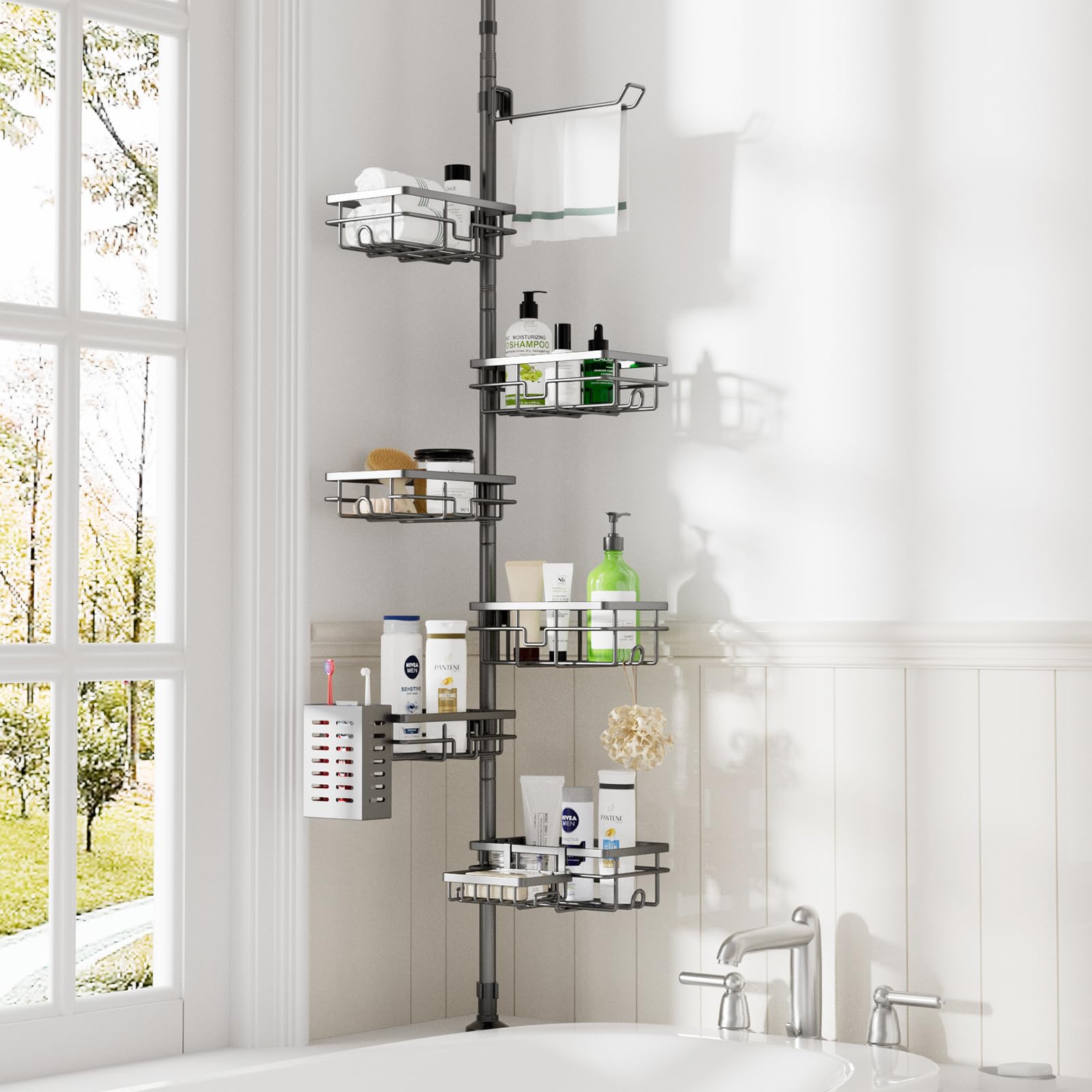 Vatex Shower Caddy Corner Tension Pole 30-120 Inch Adjustable Shower Shelves 6-Tier Bathroom Organizer with Towel Rack Toothbrush