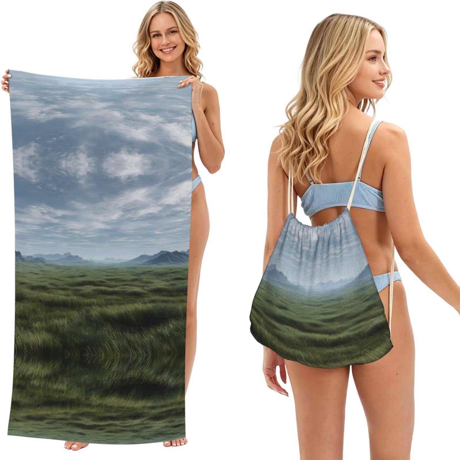 ESNAIUVCD Vast Grassland Expanse Print Beach Towel For Adults,Towel With Drawstring Bag, Travel Pool Swimming Sports Shower Sand Free Quick Dry Bath Towel For Pool, Beach, Yoga- 180x60cm