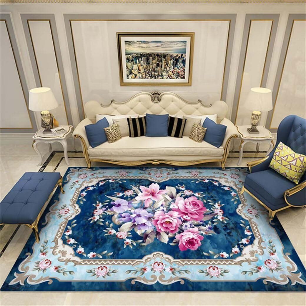 Tapis de chambre bleu vintage 160x210cm floral pour salon et bureau
