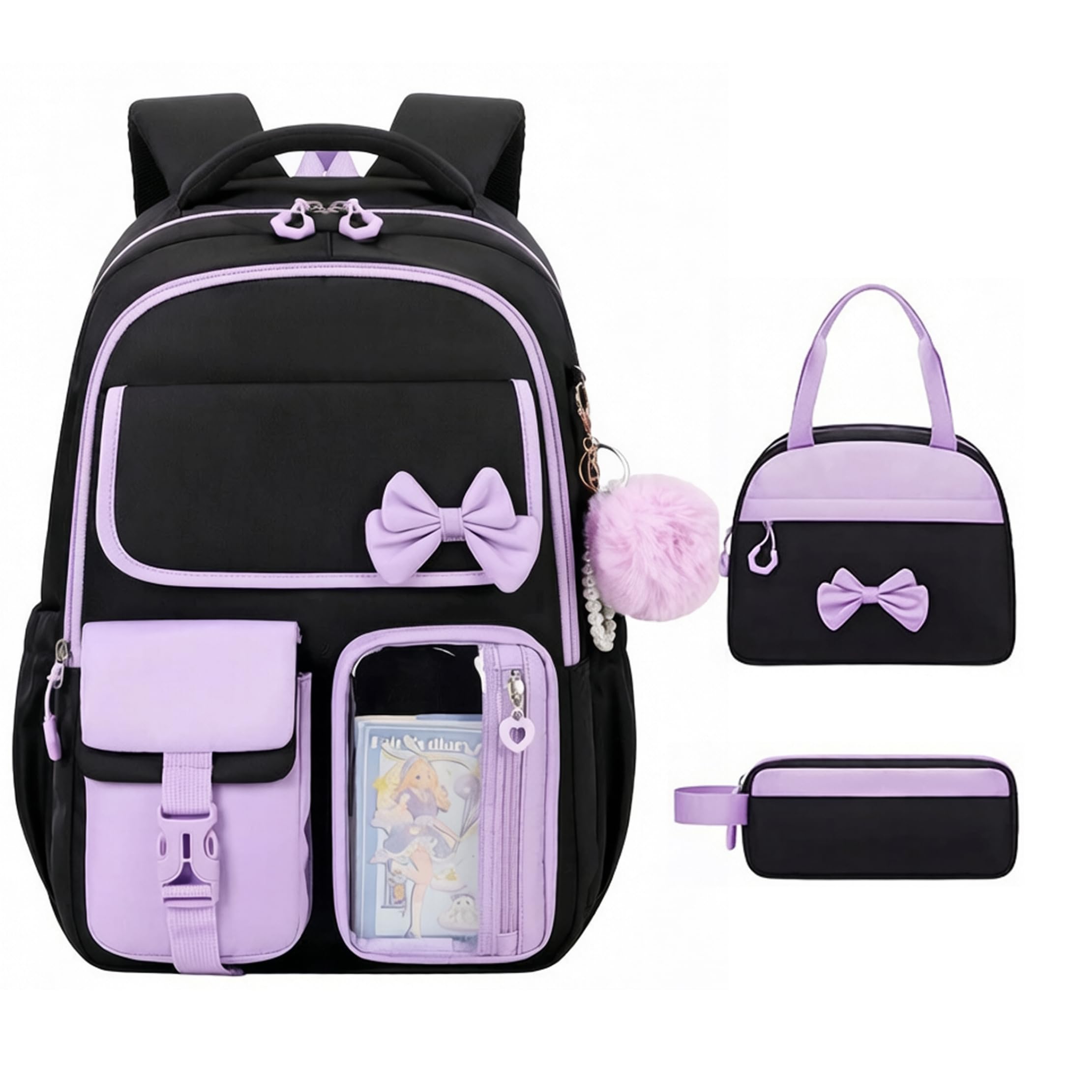 Zaini scolastici per ragazze, set multitasche da 3 pezzi, stile 2.. | Design spazioso e multitasche, contiene tutto il materiale scolastico, ideale per ragazze dai 6 agli 8 anni