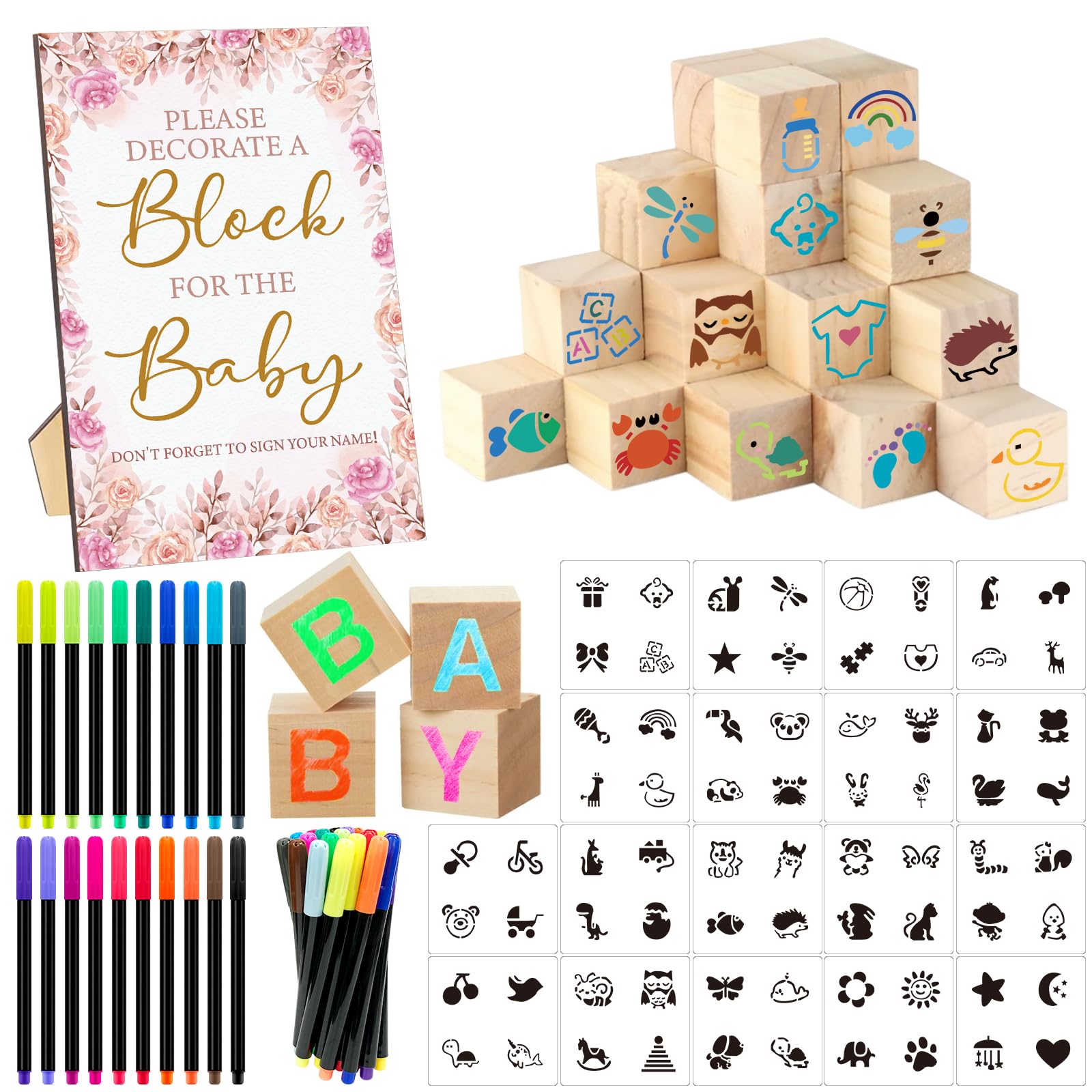AryiHitt 97 Pcs Baby Shower Game Set Includes Decorative Square Signs, DIY Blank Wooden Blocks, Paint Markers, Wedding & Baby Shower Game Prizes (