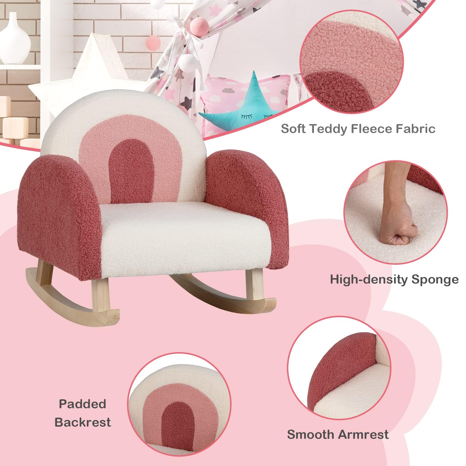 RELAX4LIFE Poltrona per Bambini 2-8 Anni, con 1 Cuscino Comodo, Gambe in Legno di Faggio, Imbottita in Spugna, Aspetto Carino, Carico Massimo 75 kg (ROSSO E BIANCO)