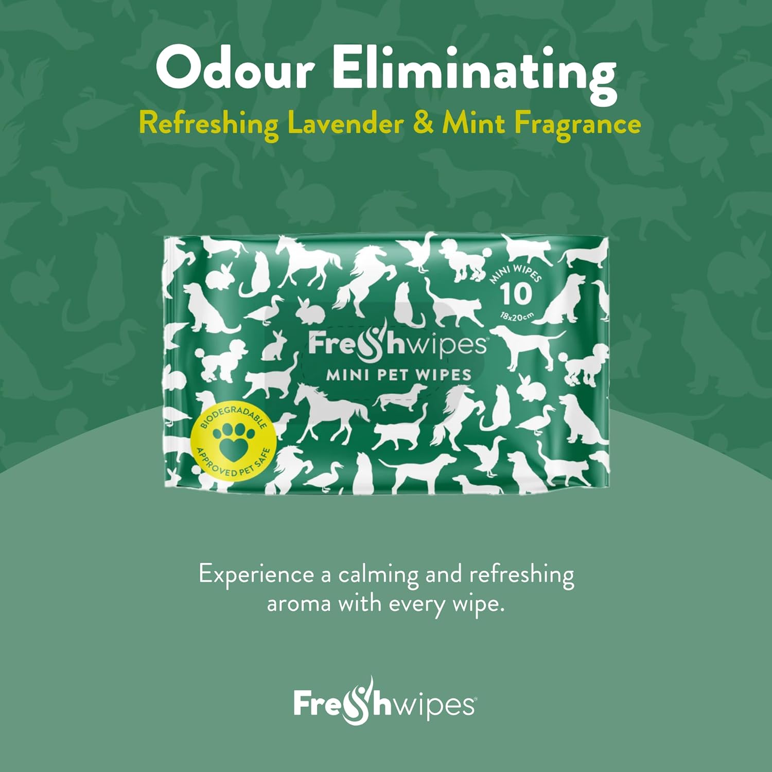FreshWipes Pet Cleaning Wipes 1 Mini Pack (10 Wipes) - Vet Approved - Biodegradable & Odour Removing Wet Wipes for Dogs & Cats - Lavender & Mint Scent - Body & Paw Cleaner - Thick & Moist Dog Wipes 5