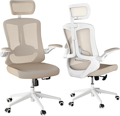 Miniatura 8 de Silla de oficina ergonómica con soporte lumbar ajustable y reposabrazos abatibles, silla de escritorio de computadora de respaldo alto con cojín de