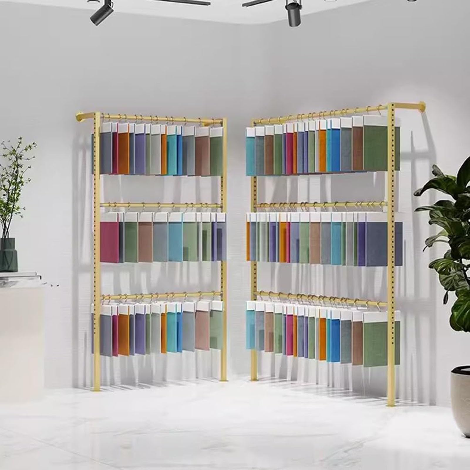 Generico Espositore da Parete in Tessuto Dorato - Espositore per Campioni di Tessuti per la casa con Tende Aperte, Porta Sciarpe per Scialli, Lenzuola e Tende, Design in Metallo Commerciale - 300x25x