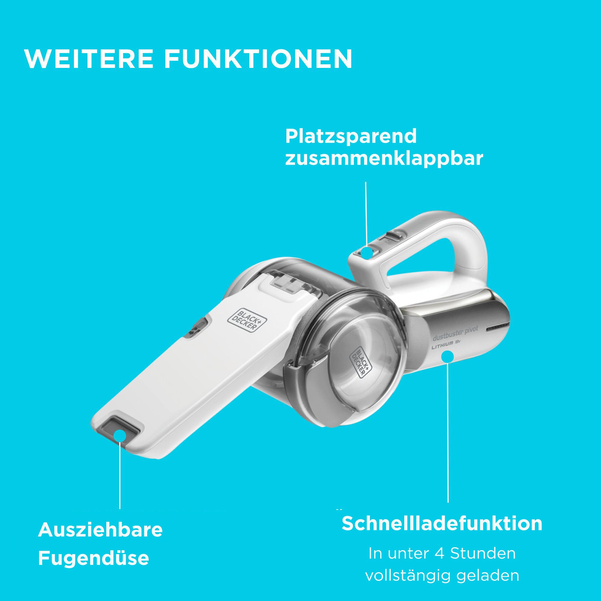BLACK+DECKER Akku-Handstaubsauger 18V mit schwenkbarem Kopf, 8 Reinigungspositionen, Ladestation und Zubehör, PV1820L-QW
