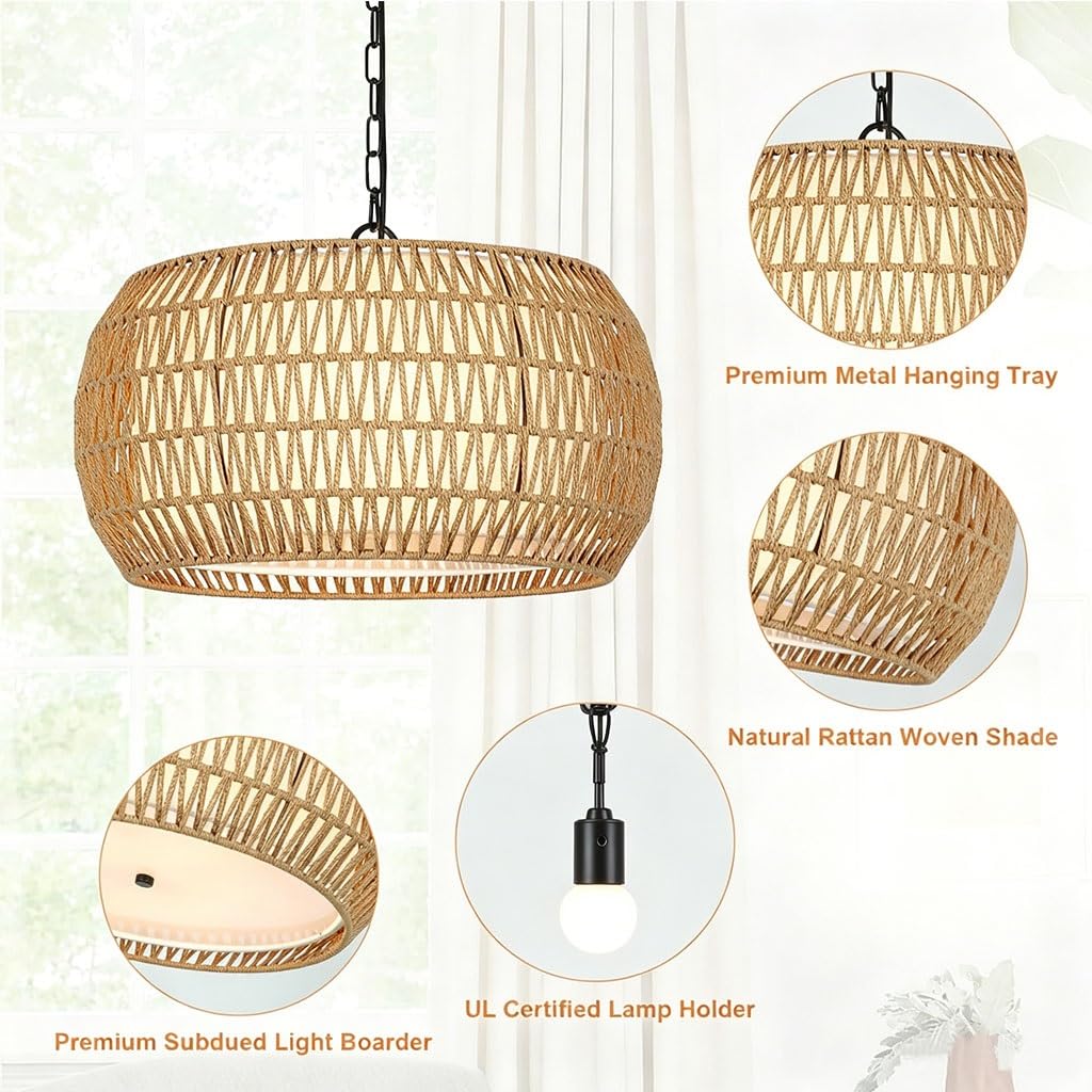Bohemian Geflochtene Rattan-Trommel-Hängeleuchte Natürliche Weiden Hängelampe Mit Schwarzer Kette Modern Landhausstil Käfig Deckenleuchte Für Esszimmer Kücheninsel Schlafzimmer