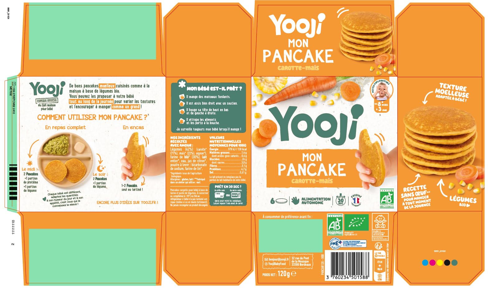 Yooji - Lot x6 Pancakes Petit pois Carotte bio pour repas bébé dès 8 mois - Introduction purée morceaux, Alimentation autonome et DME - 18 repas