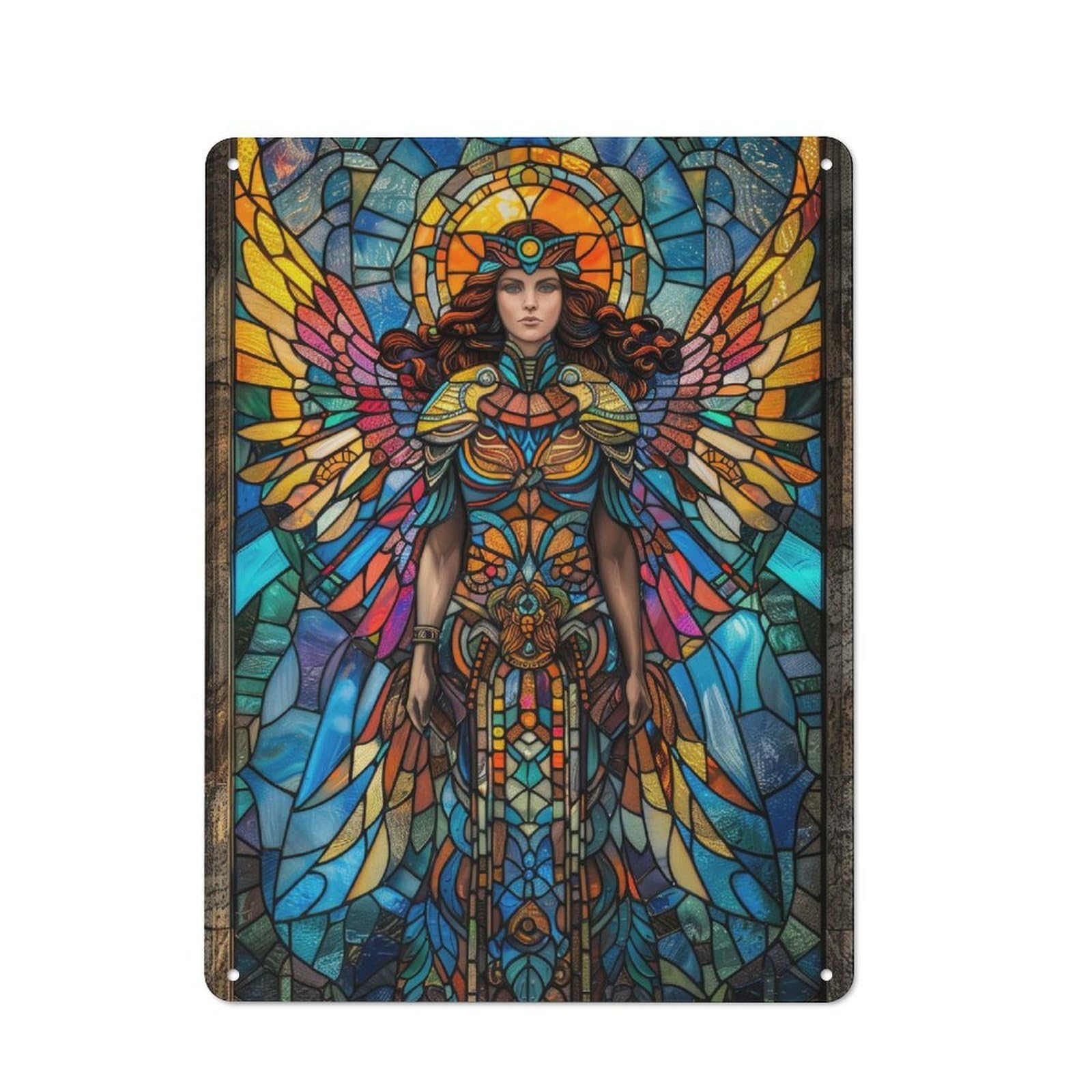 Junmoney Stained Glass Angel Industrial-Style Metal Sign 40X30cm For Home Bar Wall, Housewarming Wall Decor For People Furnishing Home Bar