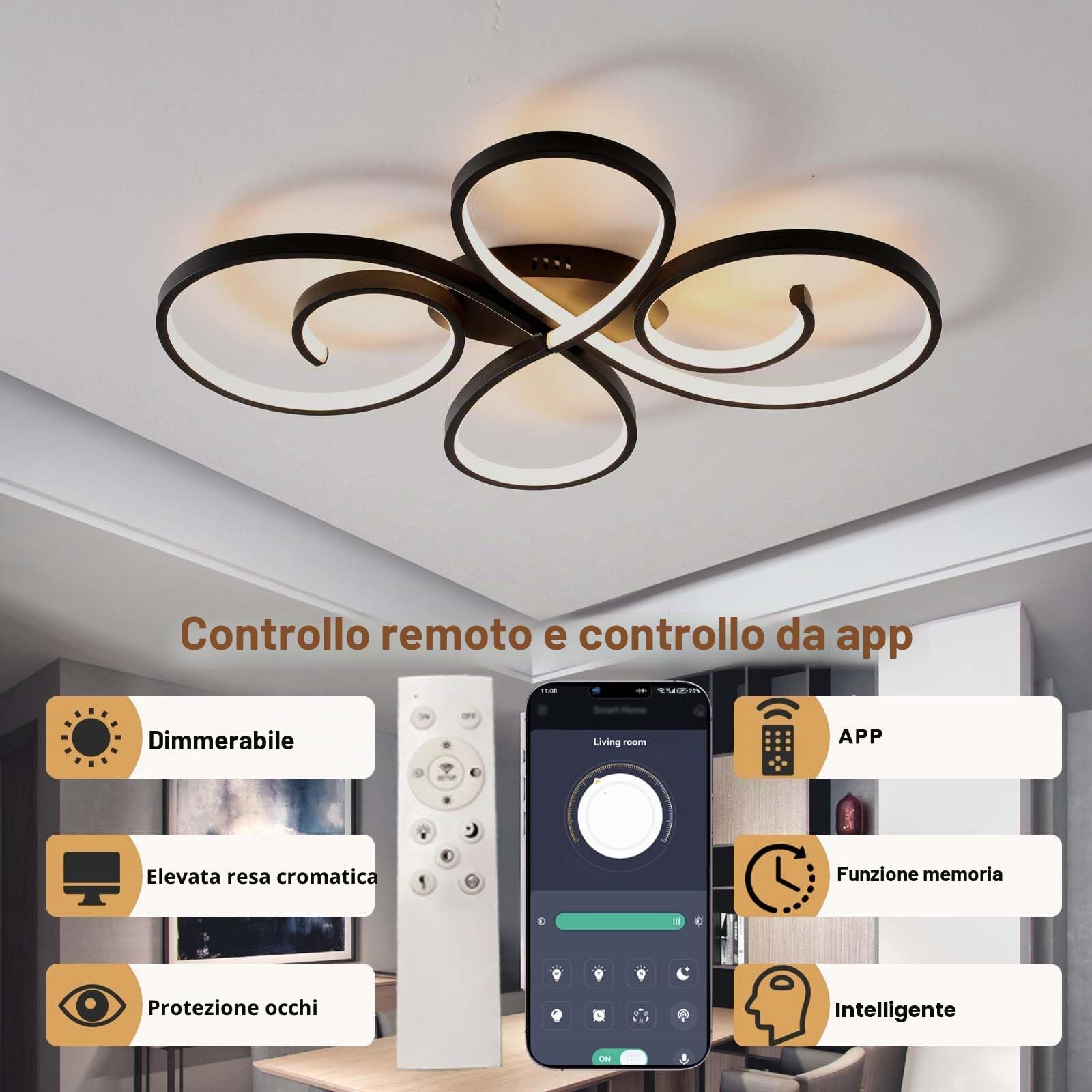 Intelligente Plafoniera Dimmerabile Lampadario,Funzione Di Memoria con Elevata Resa Cromatica Senza Sfarfallio e Luce Notturna Moderno Ceiling Light,per Soggiorno e Camera Da Letto,Nero