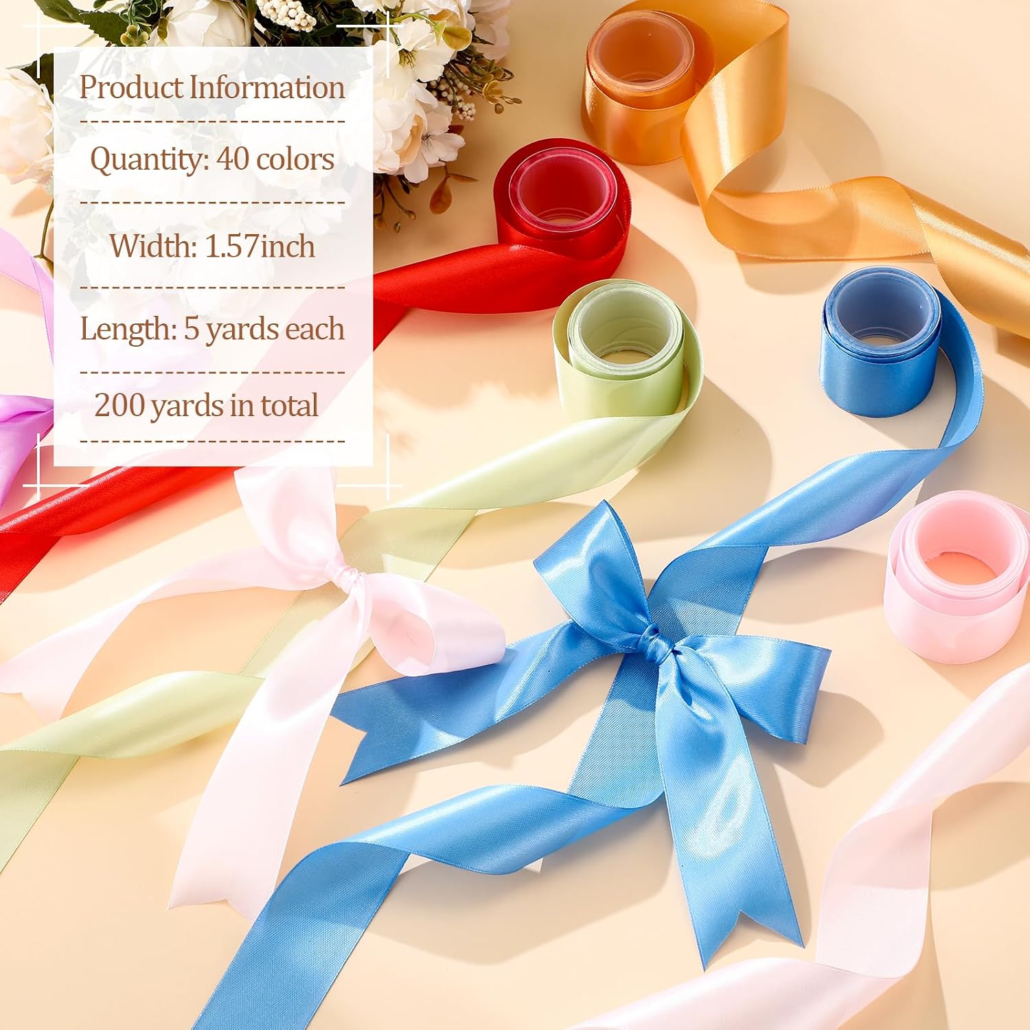 40 Rolls Satin Ribbons Colorful Fabric Ribbons Assorted Solid Rainbow for Gift Wrapping Bows Crafts DIY Bouquet Wedding Shower Decor(1.57'' Wide,200 Yd Long,Multicolor)